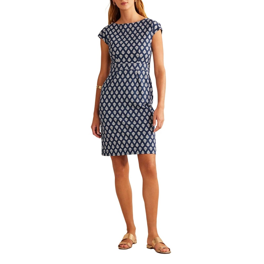 Boden Florrie Floral Jersey Dress Sz 8L 100% Cotton Pockets Cap Sleeves Career